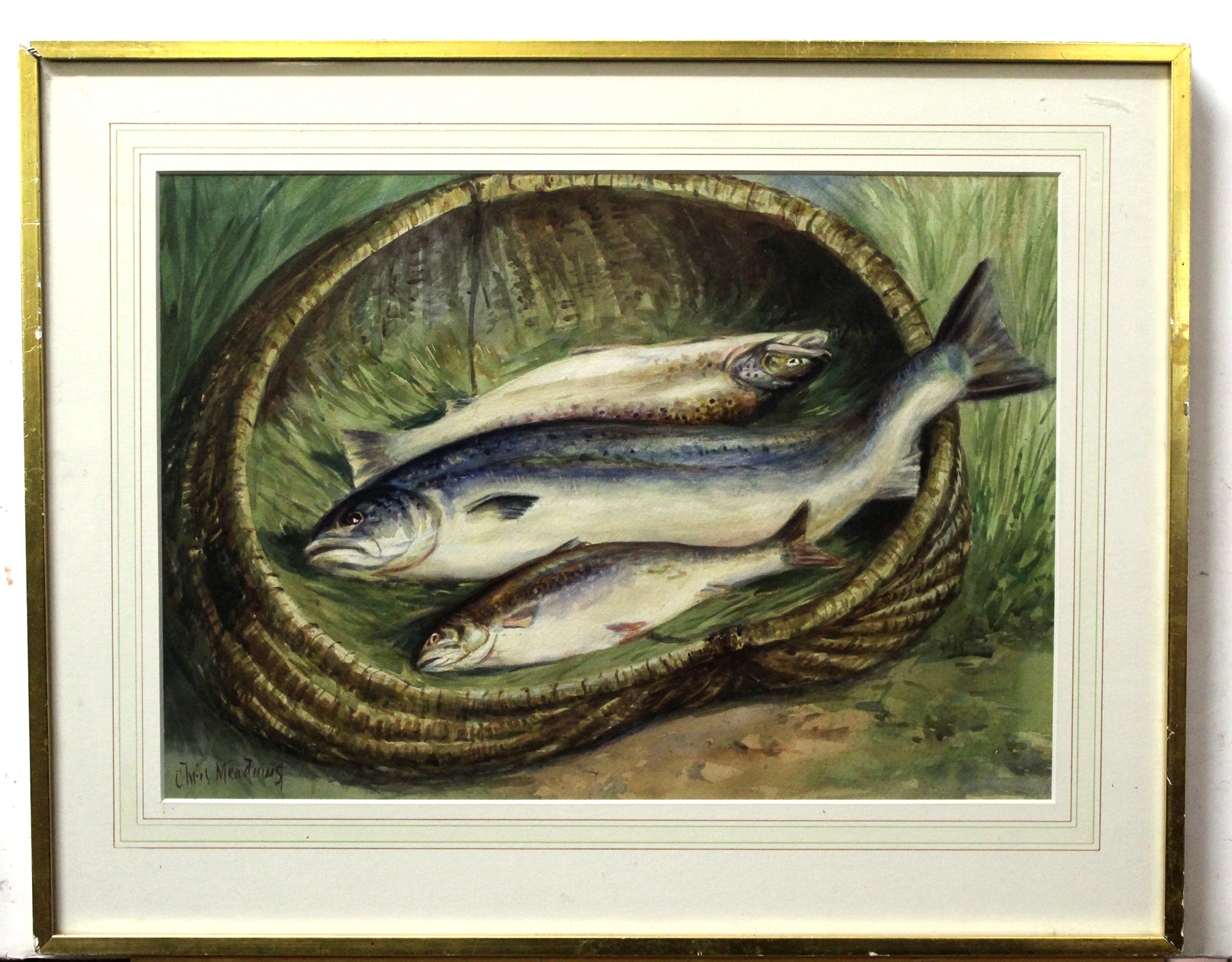 Chris Meadows, signed watercolour, "Creel of salmon and trout", 33 x 47cm