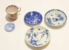 Two 18th century English porcelain saucers with blue and white design, together with smaller saucers