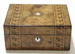 Late 19th century walnut sewing box with mother of pearl inlay and escutcheon and marquetry work