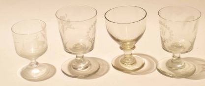 Group of assorted wine glasses some with engraved design of hunting scenes (4)