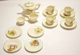 1930s Staffordshire tea set decorated with various nursery rhymes, the tea pot with "The Cow