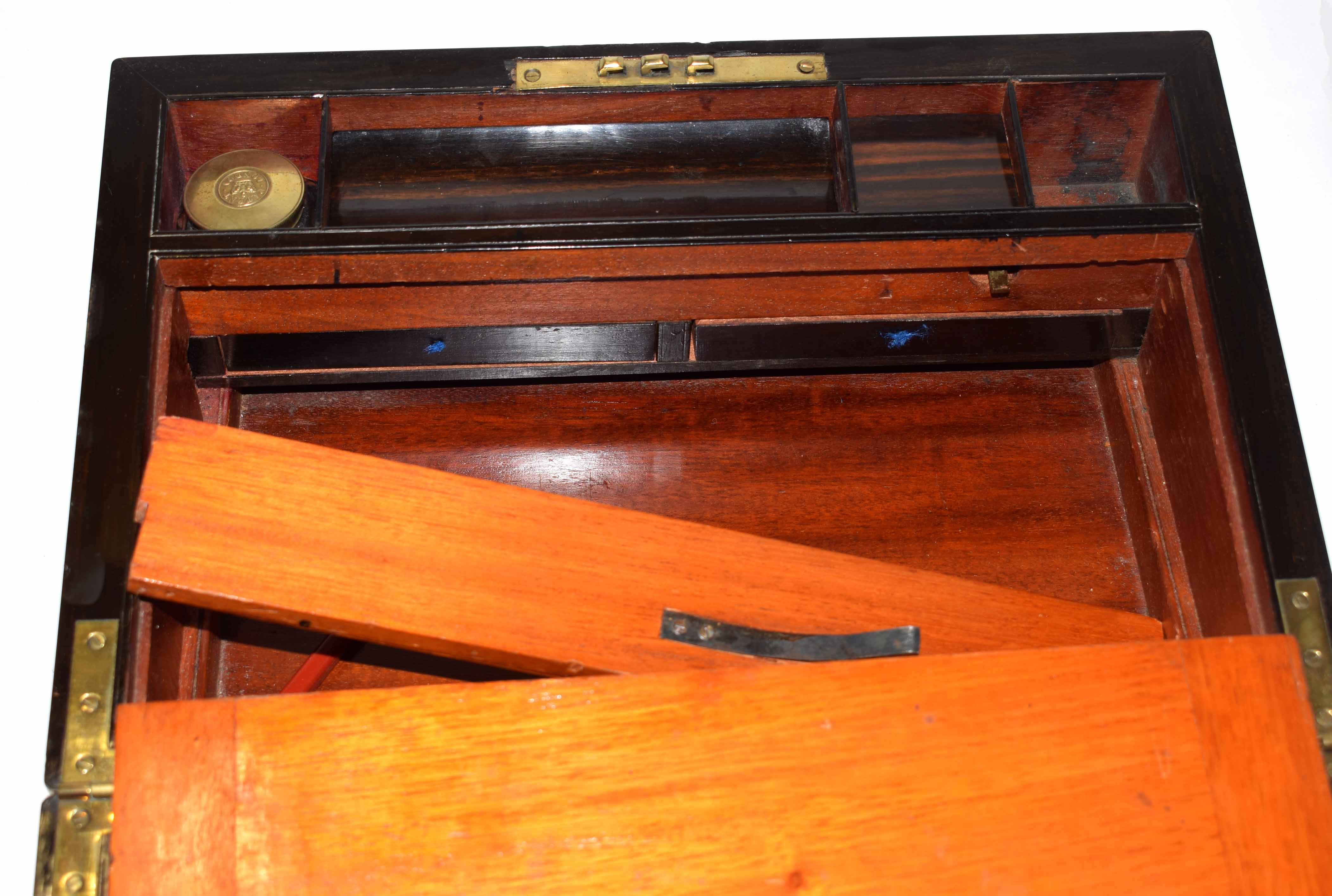 Victorian coromandel writing box, brass banding and stringing and vacant central name plate, - Image 4 of 4