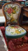 Victorian walnut framed side chair, grospoint wool embroidered back and seat with floral decoration,