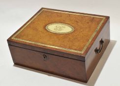 19th century walnut work box with void interior, lid with bone or ivorine large circular name