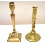 Brass candlestick modelled in classical style and further 19th century brass cylinder candlestick,