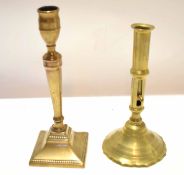 Brass candlestick modelled in classical style and further 19th century brass cylinder candlestick,