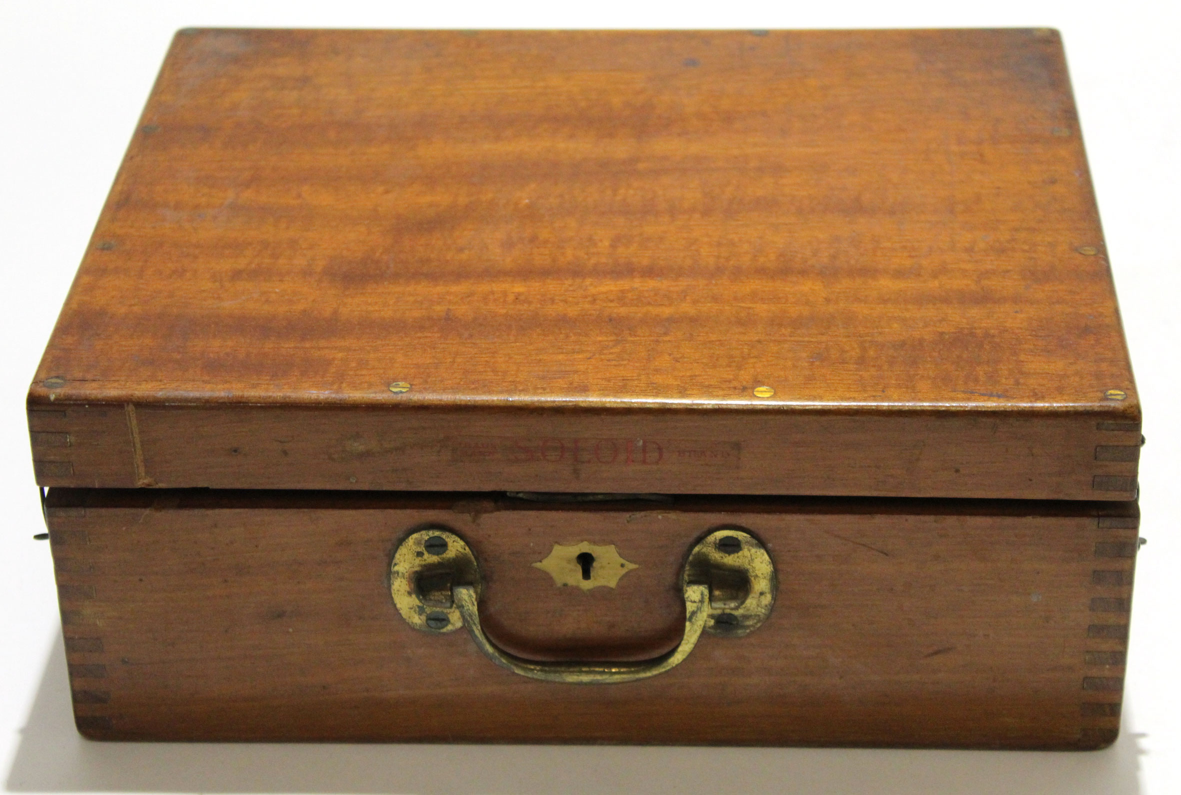 Large wooden box together with a large brass Victorian lock, the side impressed SA - Image 2 of 3