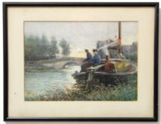 Charles Mayes Wigg, signed verso, watercolour, Fishermen on a barge, 23 x 32cm