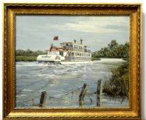 S C Collier, signed oil on board, Paddle Steamer "Southern Comfort", 44 x 54cm