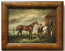 John Coster, signed modern oil on canvas, Groom with horses and jockey, 29 x 39cm