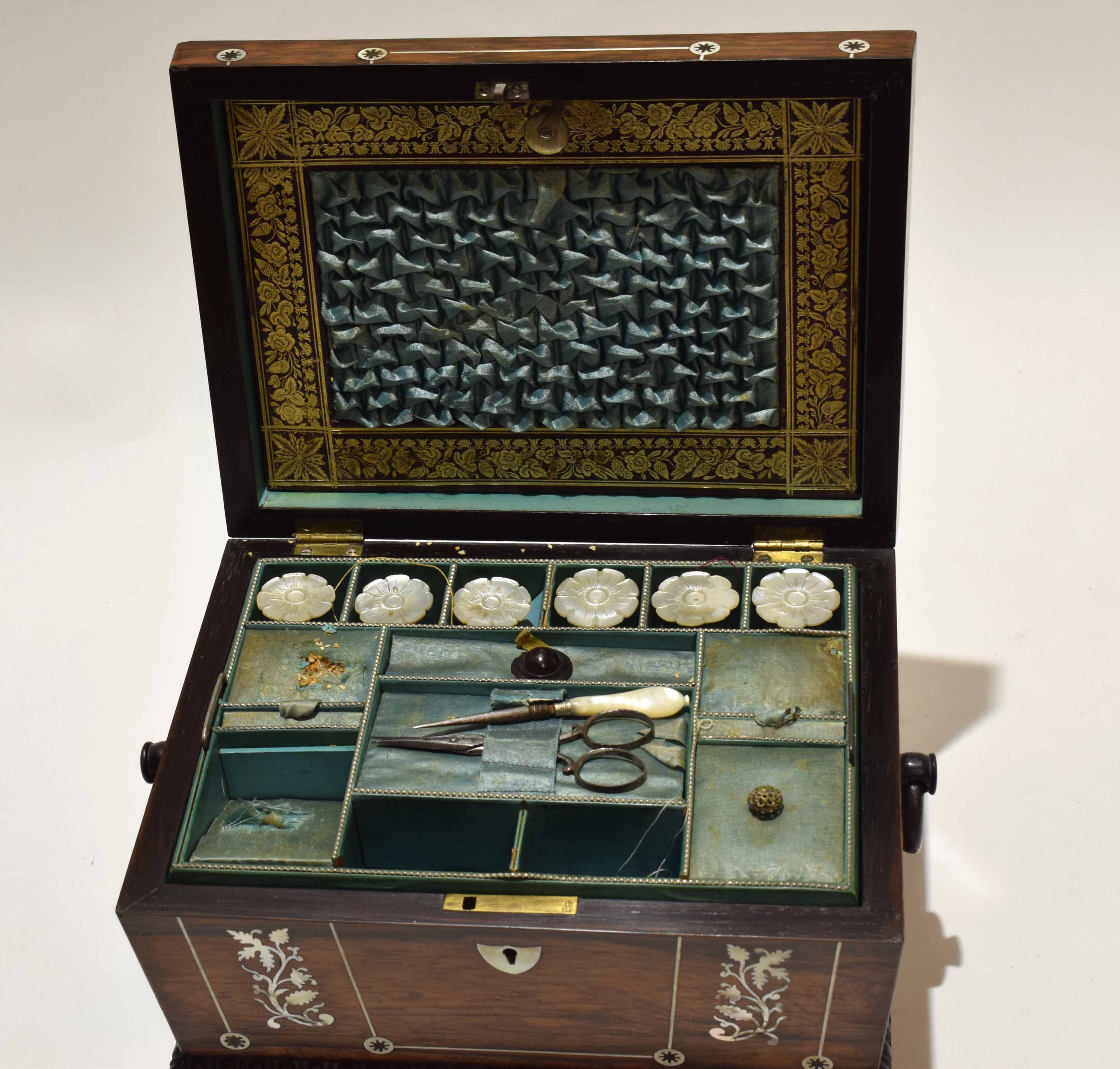 19th century rosewood and mother of pearl inlaid sewing box with fitted plush lined interior with - Image 2 of 3