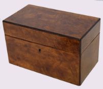 Victorian walnut tea caddy of rectangular form, the interior fitted with two sliding domed lidded