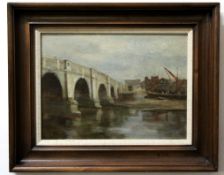 Indistinctly initialled lower right, oil on panel, A Thames barge at low water near a bridge, 24 x