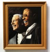 Gill Levin, signed and dated 90, oil on board, "Satchmo and Hoagy", 44 x 39cm