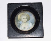 19th century portrait miniature, Head and shoulders portrait of a young girl wearing straw bonnet,