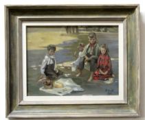 O L B, initialled and dated 1911, gouache, Children having a picnic, 23 x 31cm