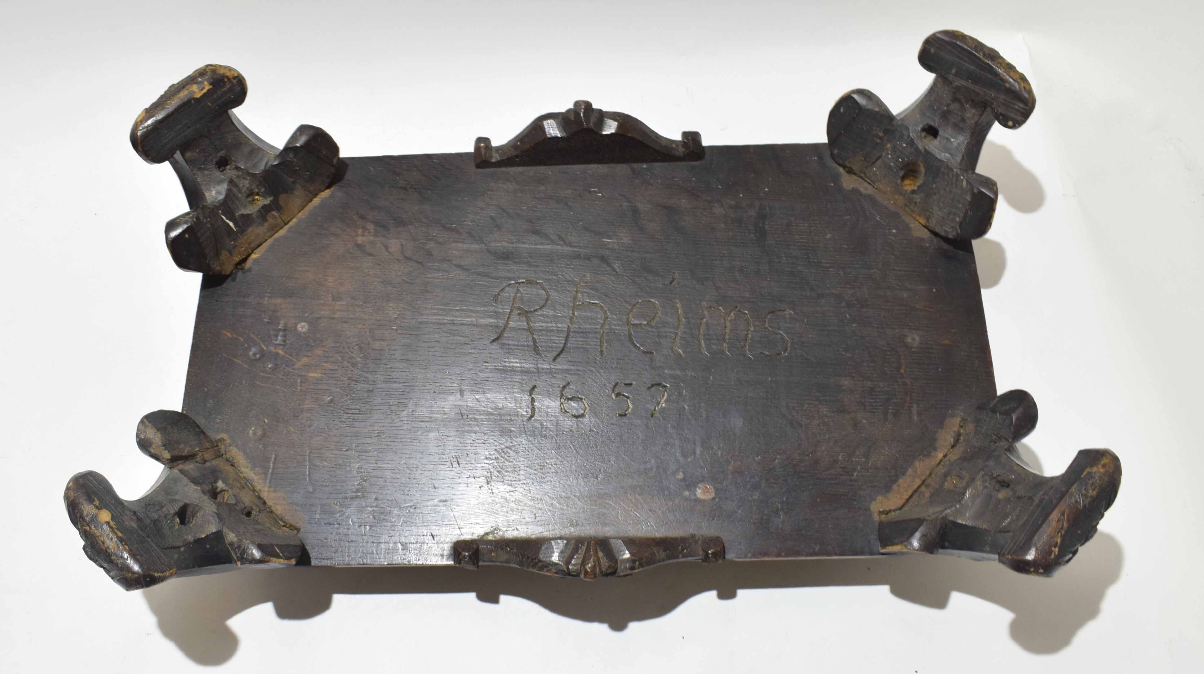 Unusual oak foot stool, leatherette brass studded top over four splayed c-scroll feet, inscribed - Image 2 of 2