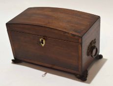 19th century mahogany tea caddy with domed top, based on gilt metal paw feet, 25cm wide