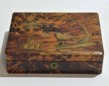 Oriental lacquer box, of rectangular form, the cover decorated with two swans in a landscape, the