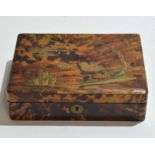 Oriental lacquer box, of rectangular form, the cover decorated with two swans in a landscape, the