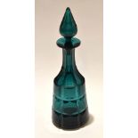 Faceted green glass decanter and tear drop shape stopper, 37cm high