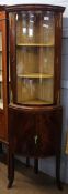 Reproduction mahogany bow fronted glaze top full height corner cupboard on splayed supports, 50cm