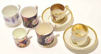 Group of English lustre jugs with typical decoration together with two Paris porcelain coffee cans