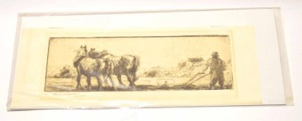 Harry Becker, signed in pencil to margin, black and white etching, Ploughing scene, 10 x 30cm,