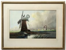 Charles A Hannaford, signed watercolour, Broadland scene with windmills, 28 x 46cm