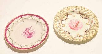 Pair of Derby plates painted in puce with cherubs, possibly by Richard Askew, one with puce mark