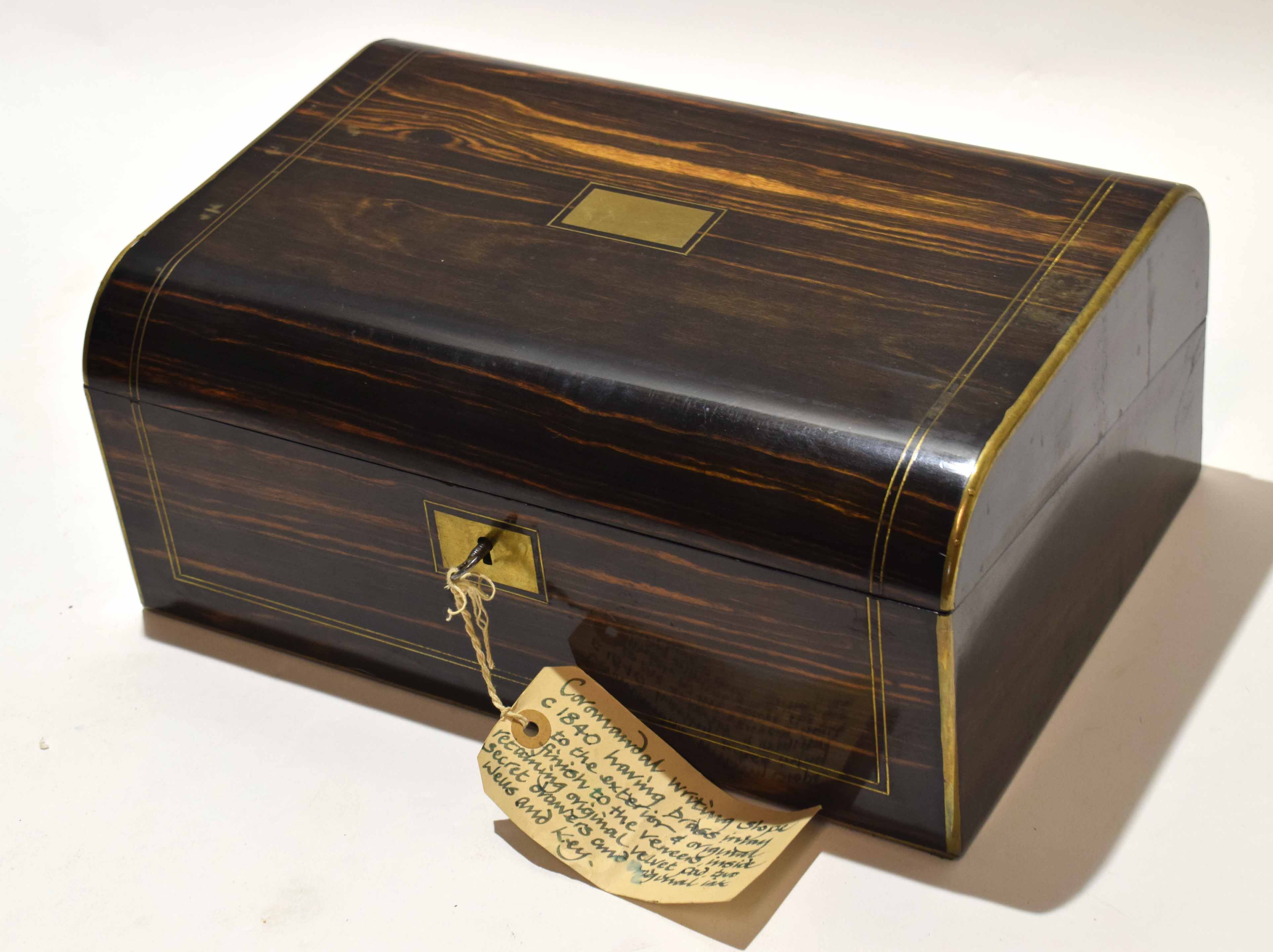 Victorian coromandel writing box, brass banding and stringing and vacant central name plate,