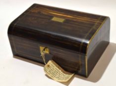 Victorian coromandel writing box, brass banding and stringing and vacant central name plate,