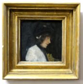 Circle of Sir Alfred J Munnings, bears initials, oil on board, Portrait of a lady, 15 x 15cm