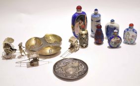 Group of Chinese glass snuff bottles, together with small silver tray, three silver rickshaws and