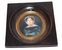 19th century English School portrait miniature, Half length portrait of a lady, 8 x 6cm