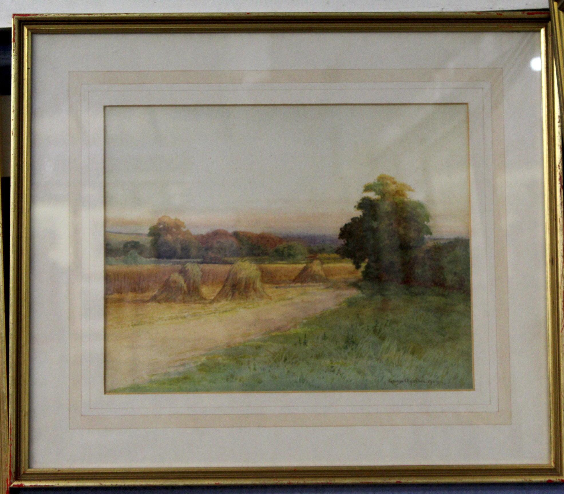 George Oyston, signed pair of watercolours, In the harvest fields at sunset, 22 x 28cms (2) - Image 2 of 2