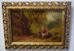 Indistinctly signed and dated 1882 lower left, oil on board, Figures and dog in woodland, 14 x 21cm