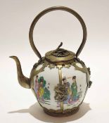 Chinese tea pot decorated in famille vert palette with Chinese figures, the tea pot with white metal