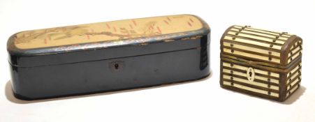 Japanese lacquer box, the cover modelled in gilt with birds in branches and signature block,