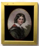 19th century English School, oil on board, Head and shoulders portrait of a girl, 26 x 20cm, oval