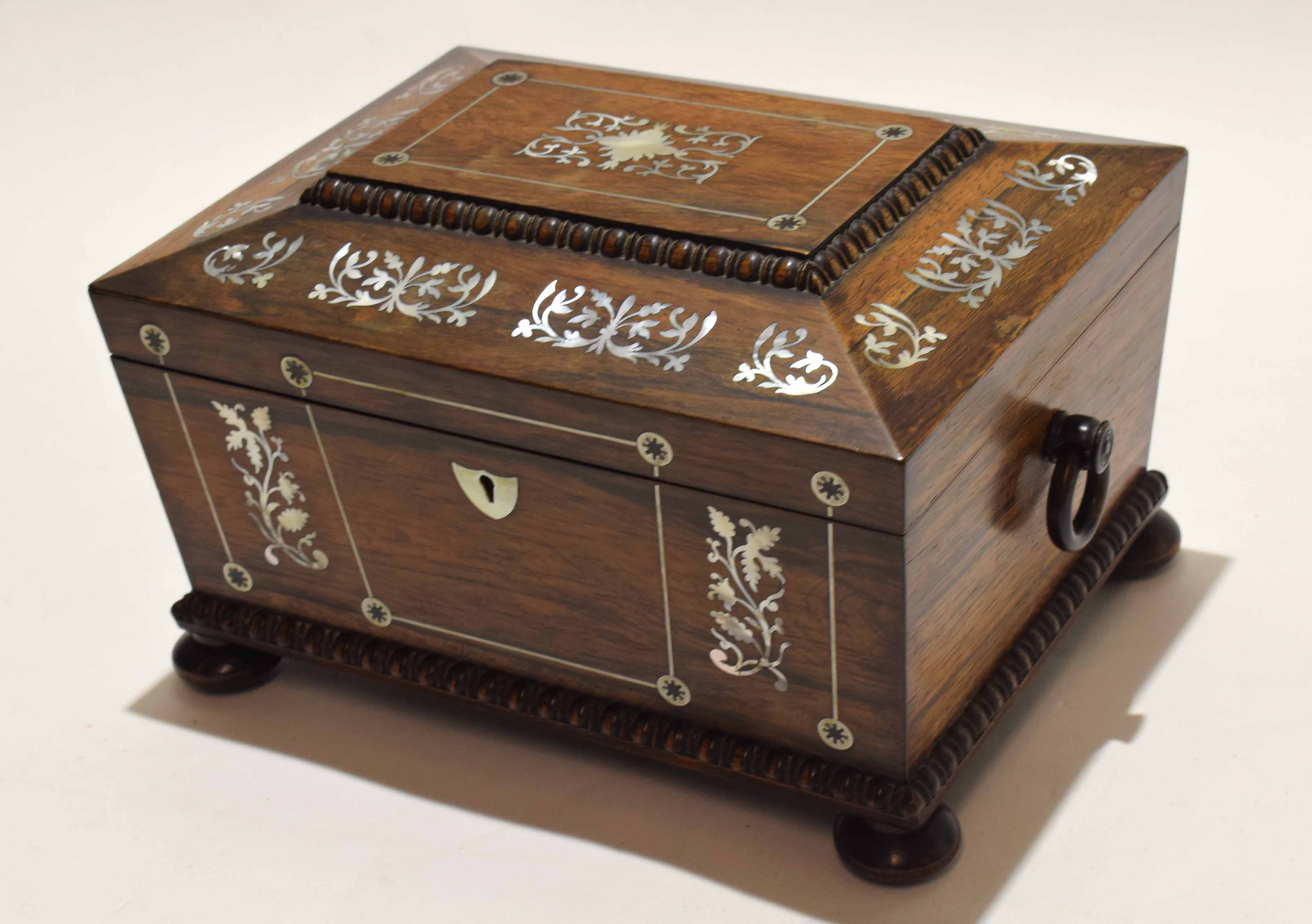 19th century rosewood and mother of pearl inlaid sewing box with fitted plush lined interior with