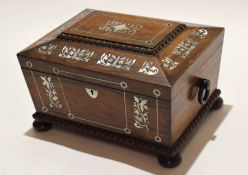 19th century rosewood and mother of pearl inlaid sewing box with fitted plush lined interior with