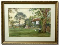 F C Fairman, signed and dated 1907, watercolour, Figure and dog in a garden, country house beyond,