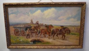 C W Oswald, signed pair of oils on canvas, Horses with figures, cart and boat, 44 x 80cm (2)