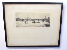 J H Wiley, signed in pencil to margin, black and white etching, "Waterloo Bridge, London", 10 x 22cm