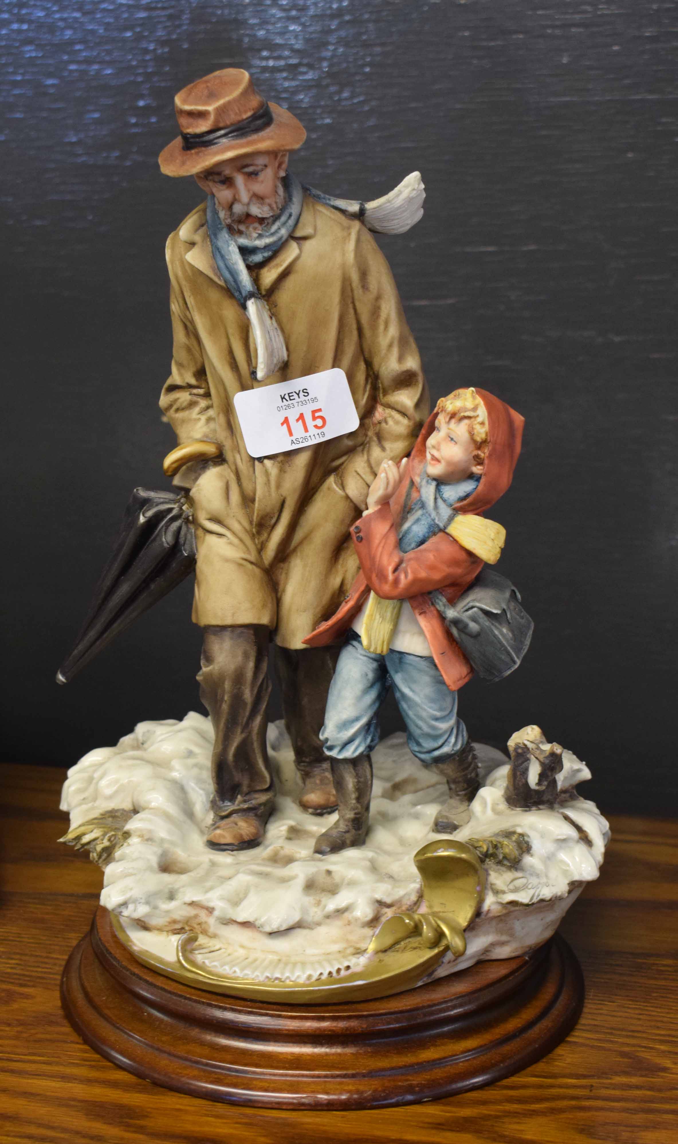 Naples porcelain scene of a gentleman and boy braced against the weather on a shaped circular