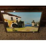 OAK FRAMED CONTINENTAL OIL ON CANVAS OF A VILLA SEASCAPE SCENE