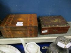 WALNUT AND TONBRIDGE INLAID TABLE TOP BOX TOGETHER WITH A FURTHER LACQUERED TABLE TOP BOX