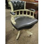 GOOD QUALITY GREEN UPHOLSTERED AND CREAM PAINTED OFFICE ARMCHAIR