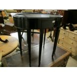 BLACK LACQUERED OVAL SIDE TABLE WITH PULL OUT DRAWER ON TAPERING SQUARE SPADE LEGS